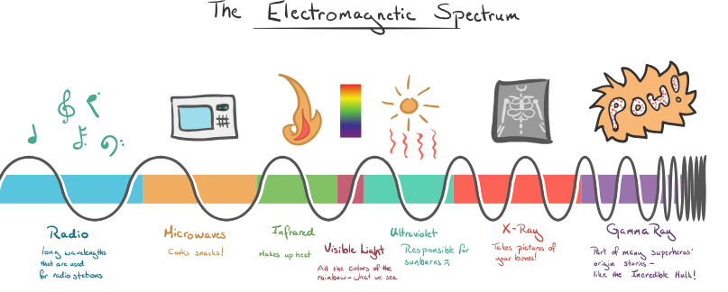 A white background with the title: The Electromagnetic Spectrum with a black wave that starts loose on the left and rises then dips tighter on the right side of the photo. There are colours behind the wave left to right of blue for radio waves with an illustration of musical notes above, orange for microwaves with a microwave illustration, green for infrared waves with a fire illustration, burgundy for visible light with a rainbow illustration, teal for ultraviolet with a sun and sunbeams illustration, red for x-rays with an x-ray of a skeleton illustration, and purple for gamma rays with the word "POW!" in red with a spikey orange spot around it.