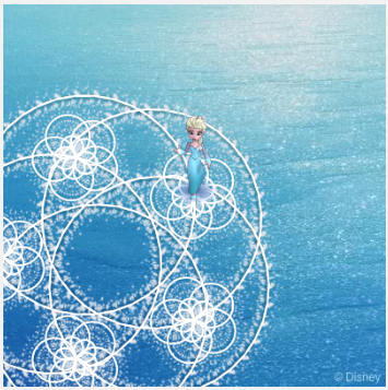 an image of the animated character Elsa from the Disney movie 'Frozen' who has light blonde hair, pale skin, and is wearing a light blue dress standing in the centre of the image with white concentric circles in the background creating a flower-like design on top of an ice-blue background.