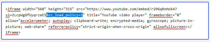 black text code with a blue highlighted section in the middle that says, '&cc
_load_policy=1'