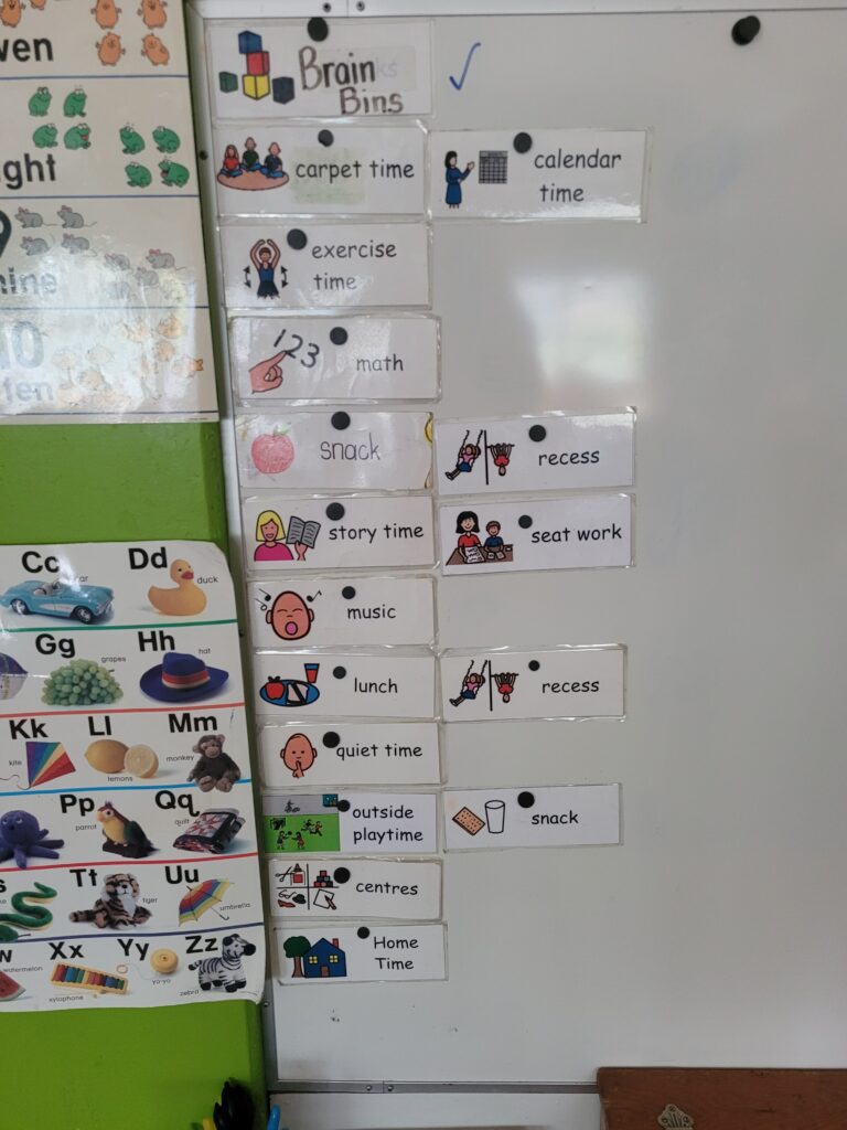 A classroom schedule on a whiteboard with illustrated magnets: carpet time, exercise time, math, snack, story time, music, lunch, quiet time, outside playtime, calendar time, centers, seat work, and recess. Alphabet posters are on the left.