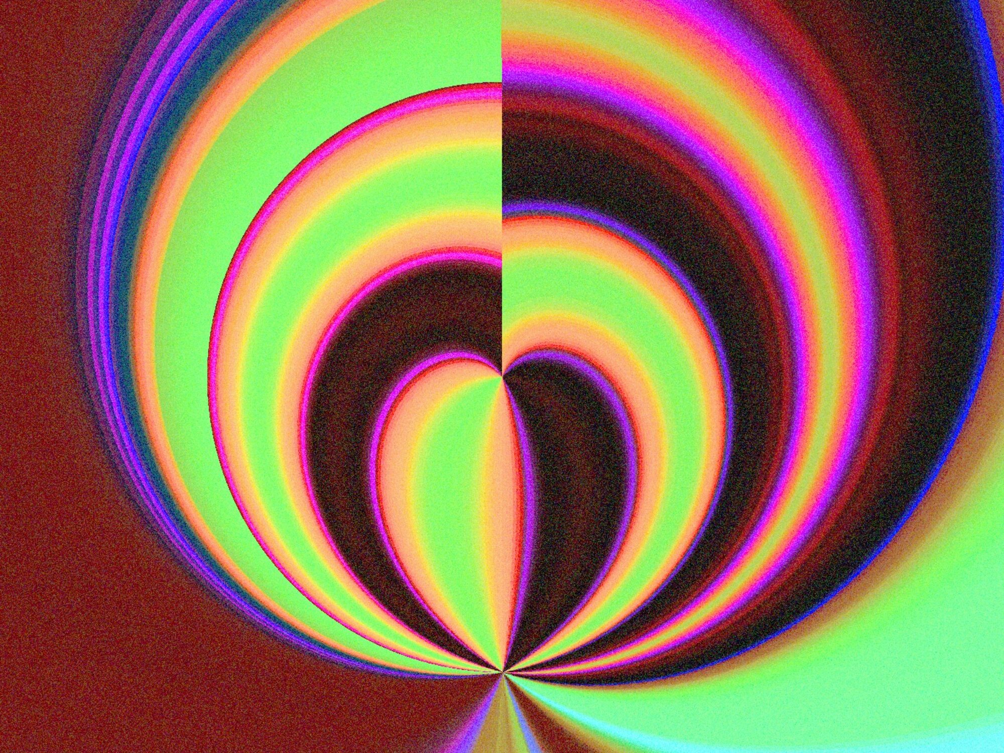 Purple, green, pink, red, and blue light rays arching from a low centre point up around in a circle to top centre points